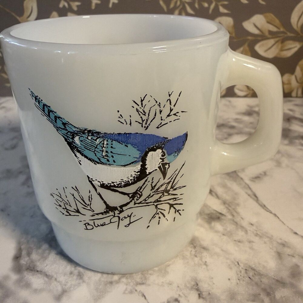 Vintage Fire King Milk Glass Stacking Mug, Blue Jay Cardinal Songbird Coffee Cup
